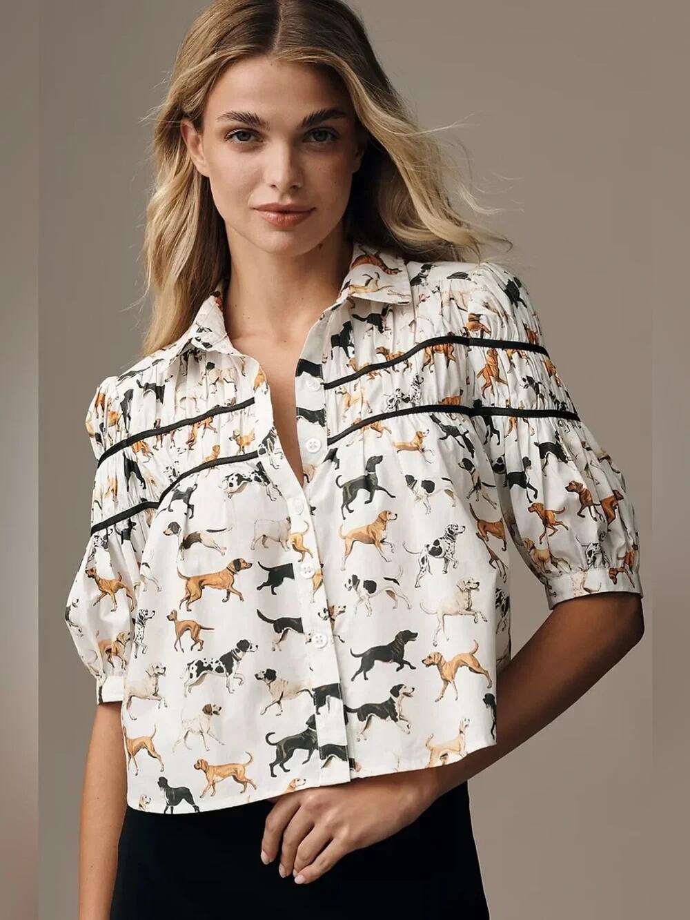 Maeve The Leandra Shirred Yoke White Blouse Dog Icon Print Small